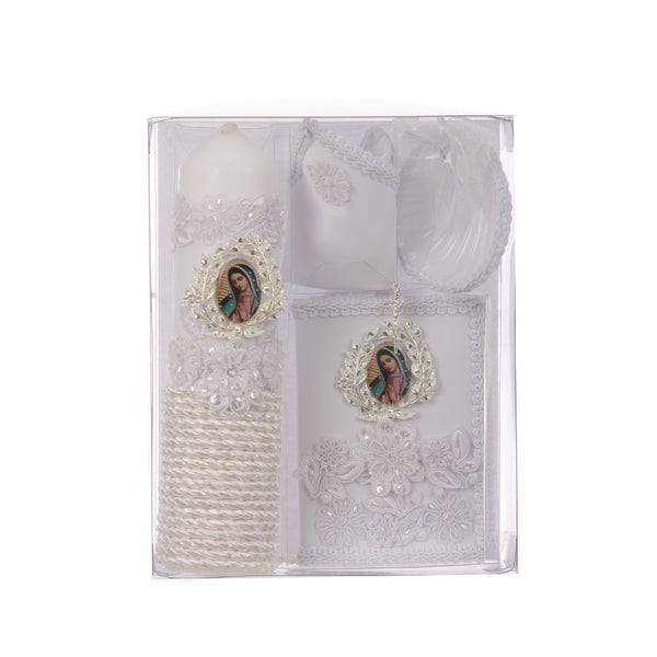 Rain Kids Unisex White Flower Icon Applique Spanish Version Baptism Candle Set - SophiasStyle.com